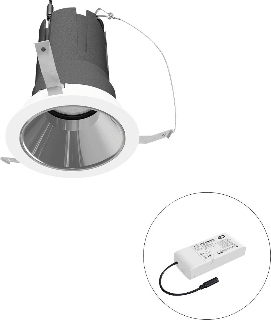 Fehér keret nélküli mennyezeti beépített downlight, amelynek a külön meghajtó keringő beillesztésben látható.