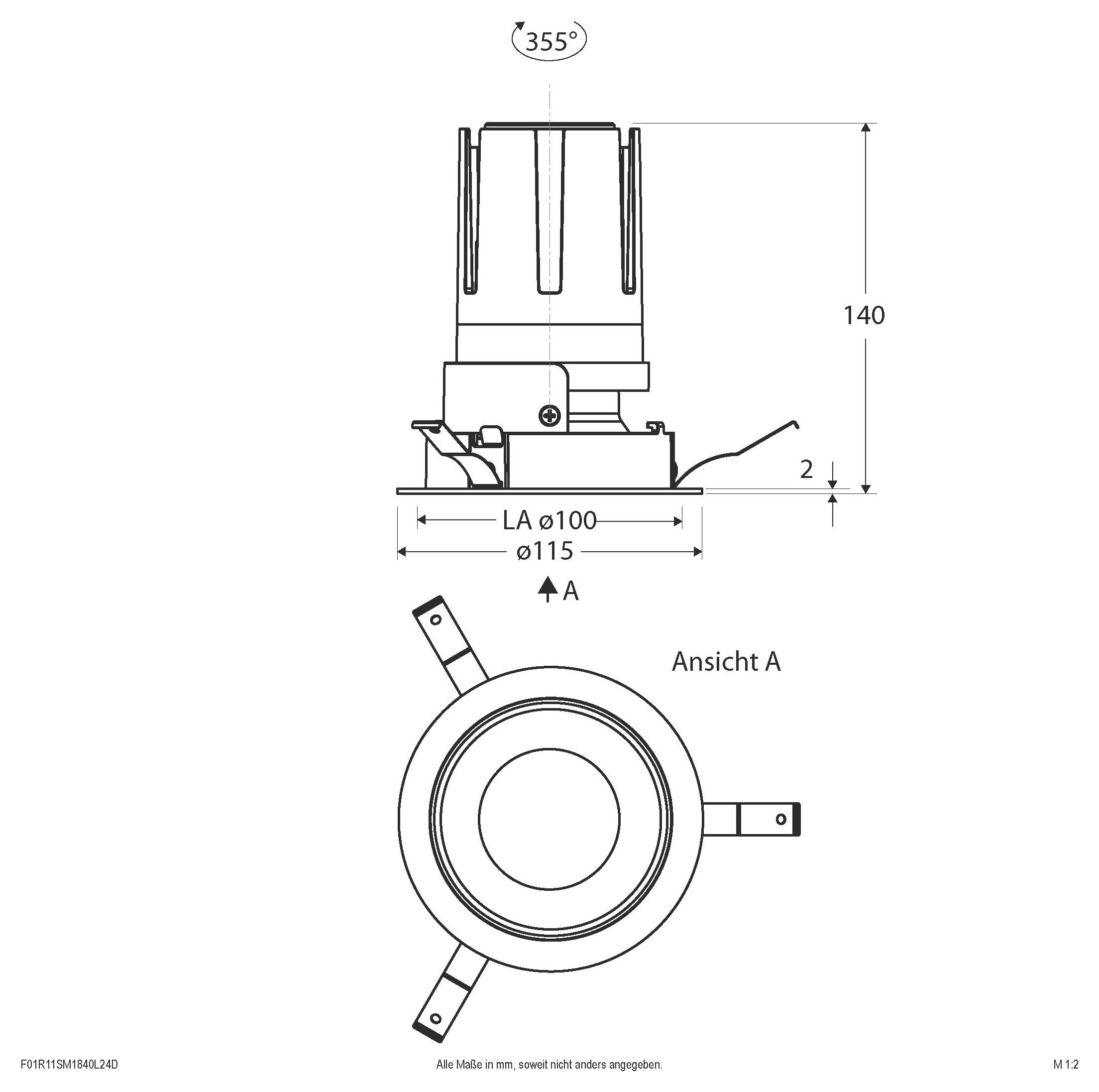 Egy kör alakú lámpatest műszaki rajza oldal- és felülnézettel, 355° elforgatás, 140 mm magasság, 115 mm átmérő és szerelési fülek.