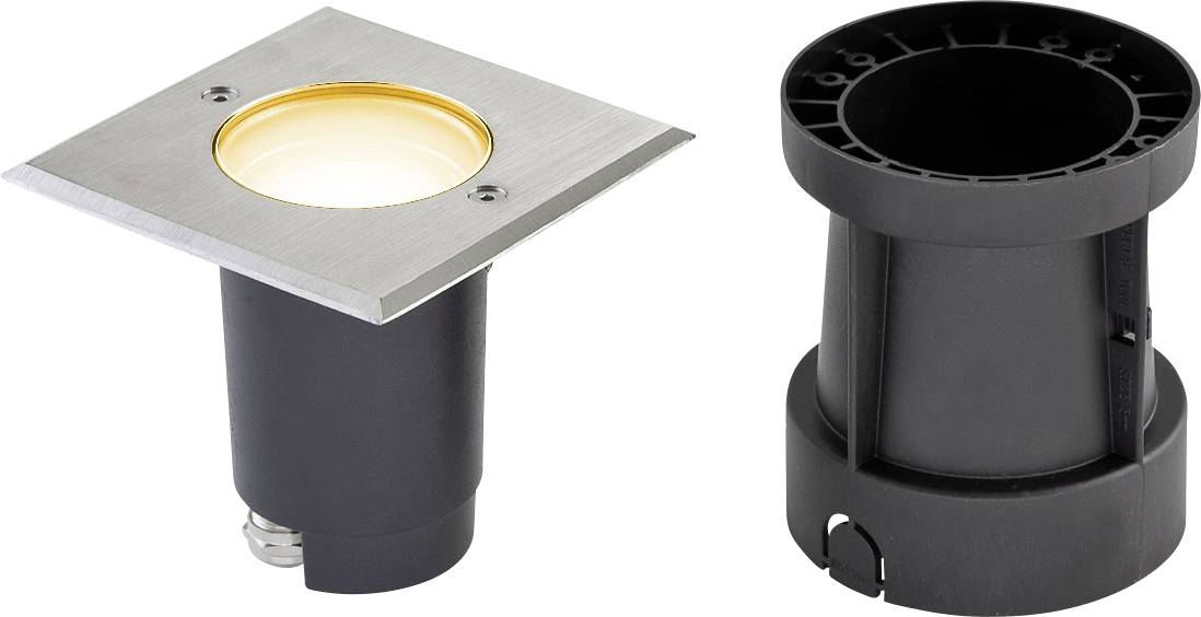 Egy beépített négyzet alakú LED talajlámpa terméke fekete házasítással, eltávolítható hengeres burkolattal és kör alakú trim ring beillesztéssel.