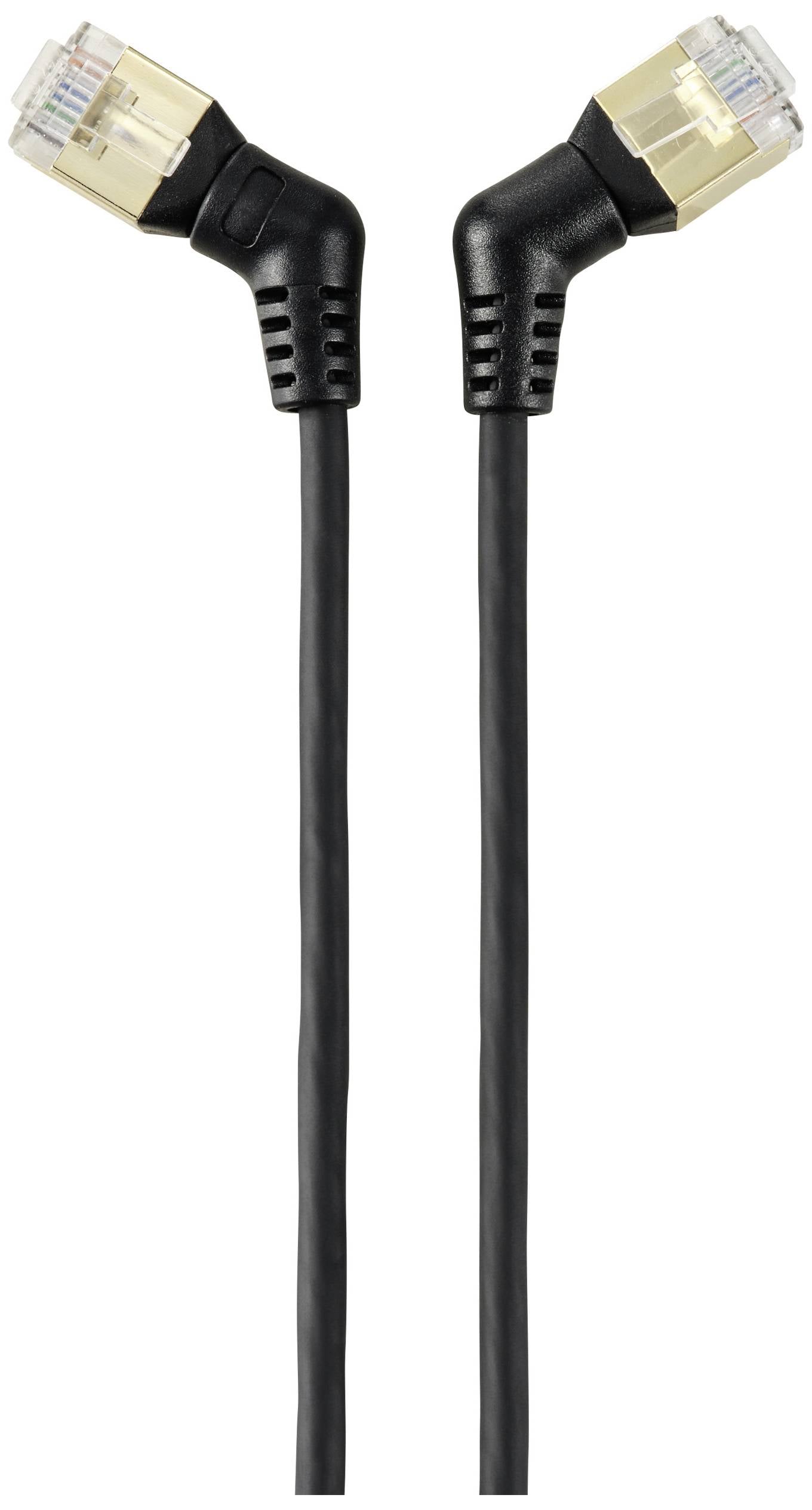 Két fekete hálózati kábel derékszögű RJ45 csatlakozókkal.