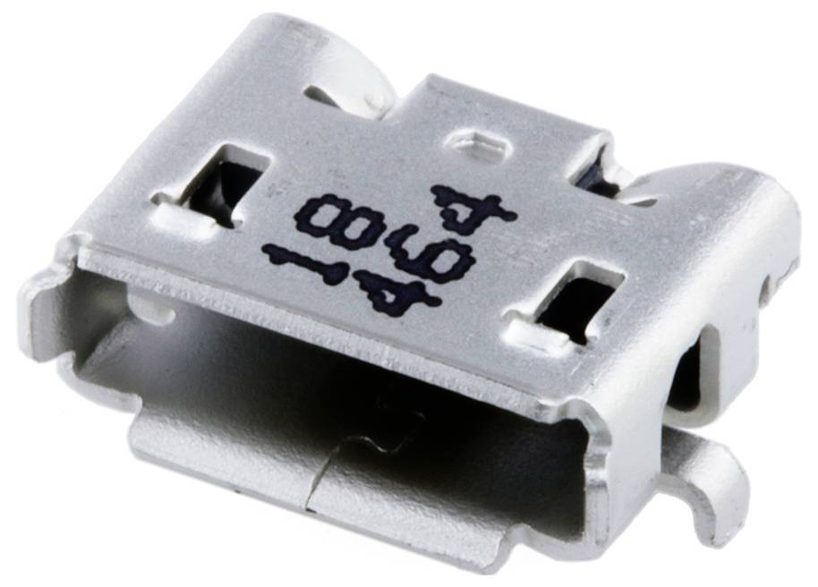 Egy ezüst mikro USB port csatlakozó közeli képe szövegjelölésekkel. A port ferde éllel és két fekete rögzítő füllel rendelkezik.