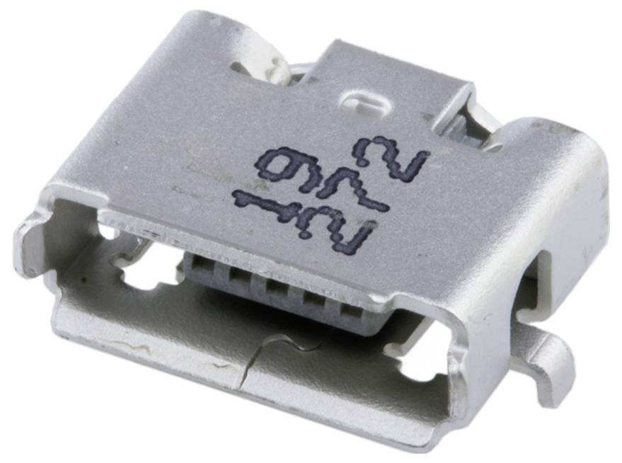 Mikro USB csatlakozó fém házazattal és forrasztási lábakkal, elektronikus eszközök töltésére és adatátvitelére használatos.