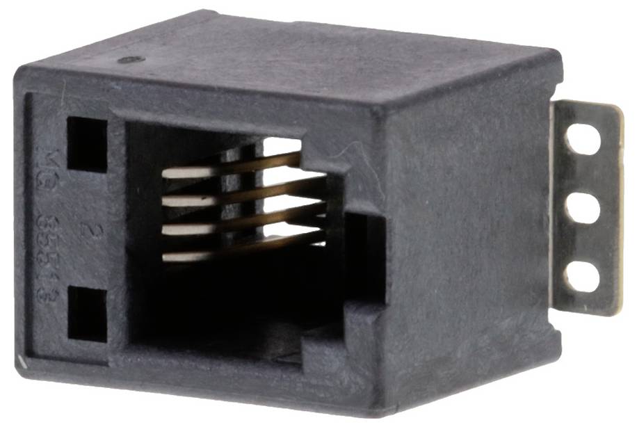 Egy fekete moduláris RJ45 csatlakozóaljzat oldalsó rögzítési fülekkel, hálózati kabelek csatlakoztatásához használva, a csatlakozóban látható fém érintkezőkkel.
