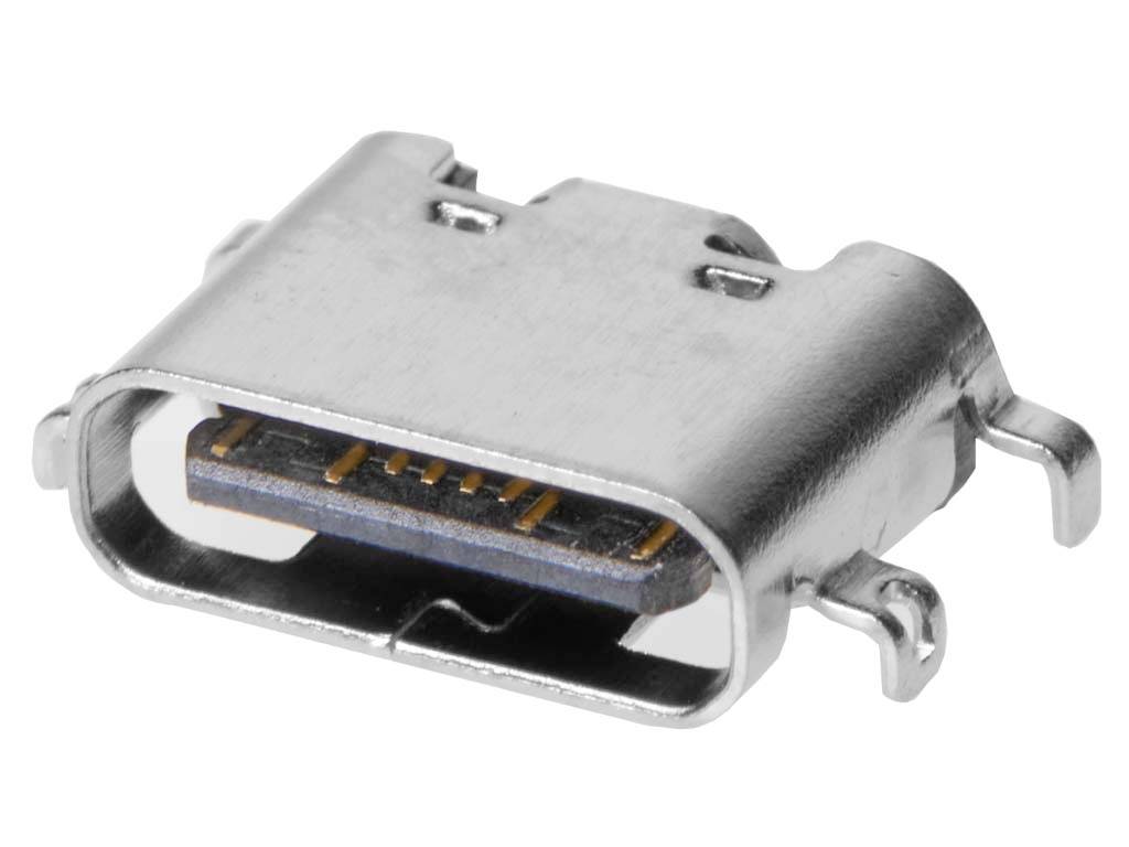 Egy fém USB-C csatlakozó, amely elektronikai eszközöket képes áram- és adatkapcsolattal ellátni. Ovális formájú, oldalán érintkezőkkel.