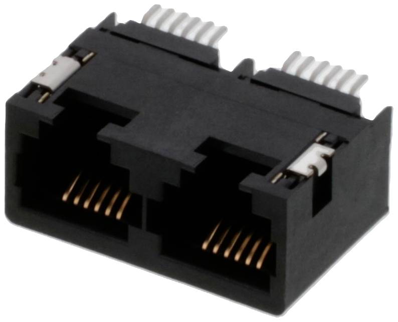 Dupla RJ45 csatlakozómodul, fekete, nyolc réz érintkezővel foglalatonként, Ethernet-kapcsolatokhoz alkalmas.