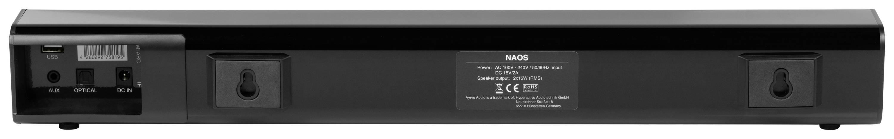 Fekete hangszórócsík hátoldala csatlakozókkal: USB, AUX bemenet, optikai bemenet. Két fali tartó is látható.