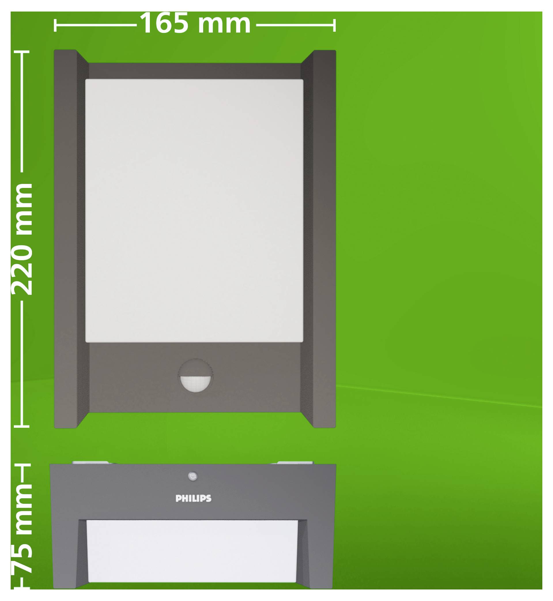 A Philips falra szerelhető lámpatest termékméreteinek diagramja, amely elölnézet és oldalnézet megjelenítésével 165 mm széles, 220 mm magas és 75 mm mély méreteket mutat.