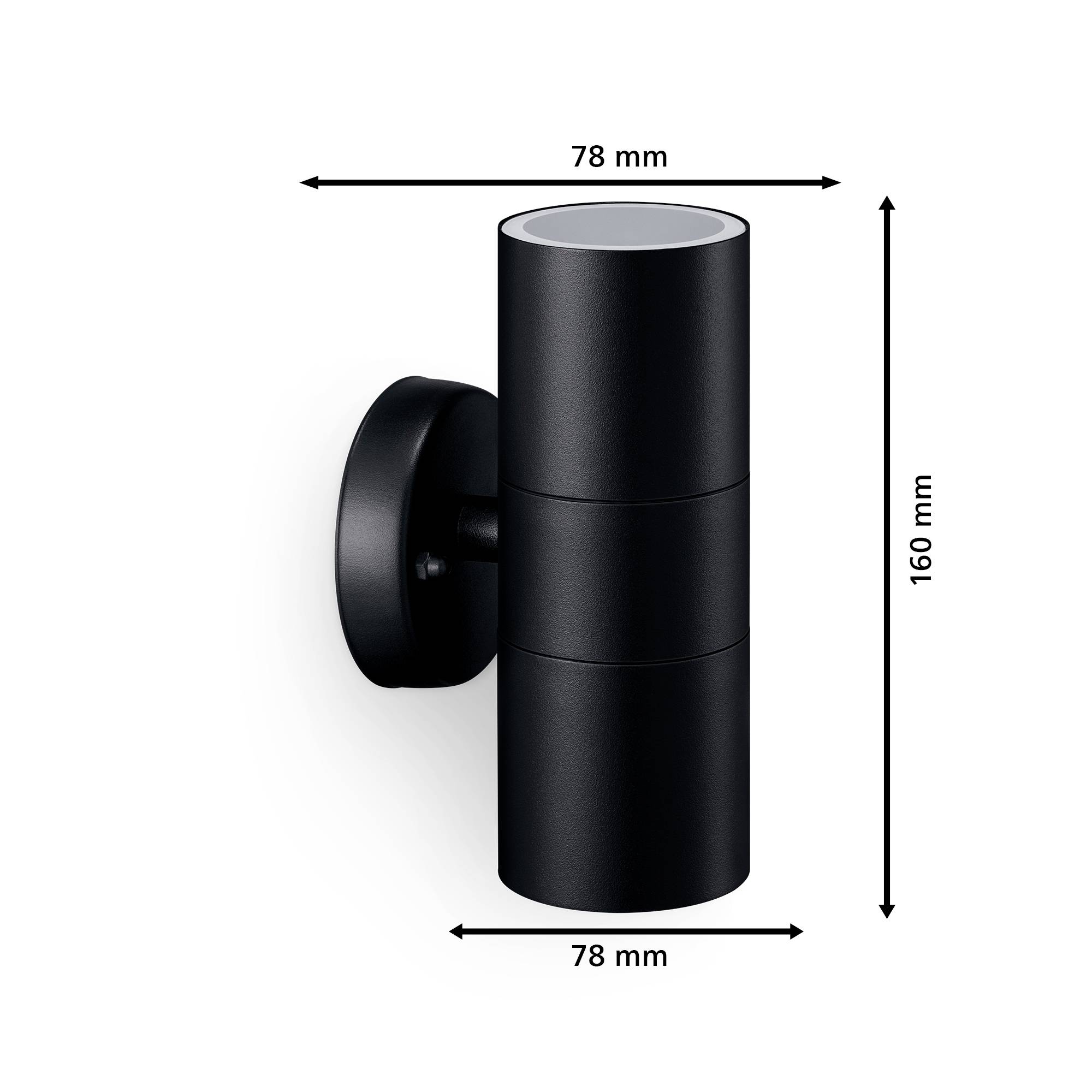 Fekete hengeres kültéri lámpa, 78 mm átmérővel és 160 mm magassággal, kerek fali tartószerkezetre szerelve.