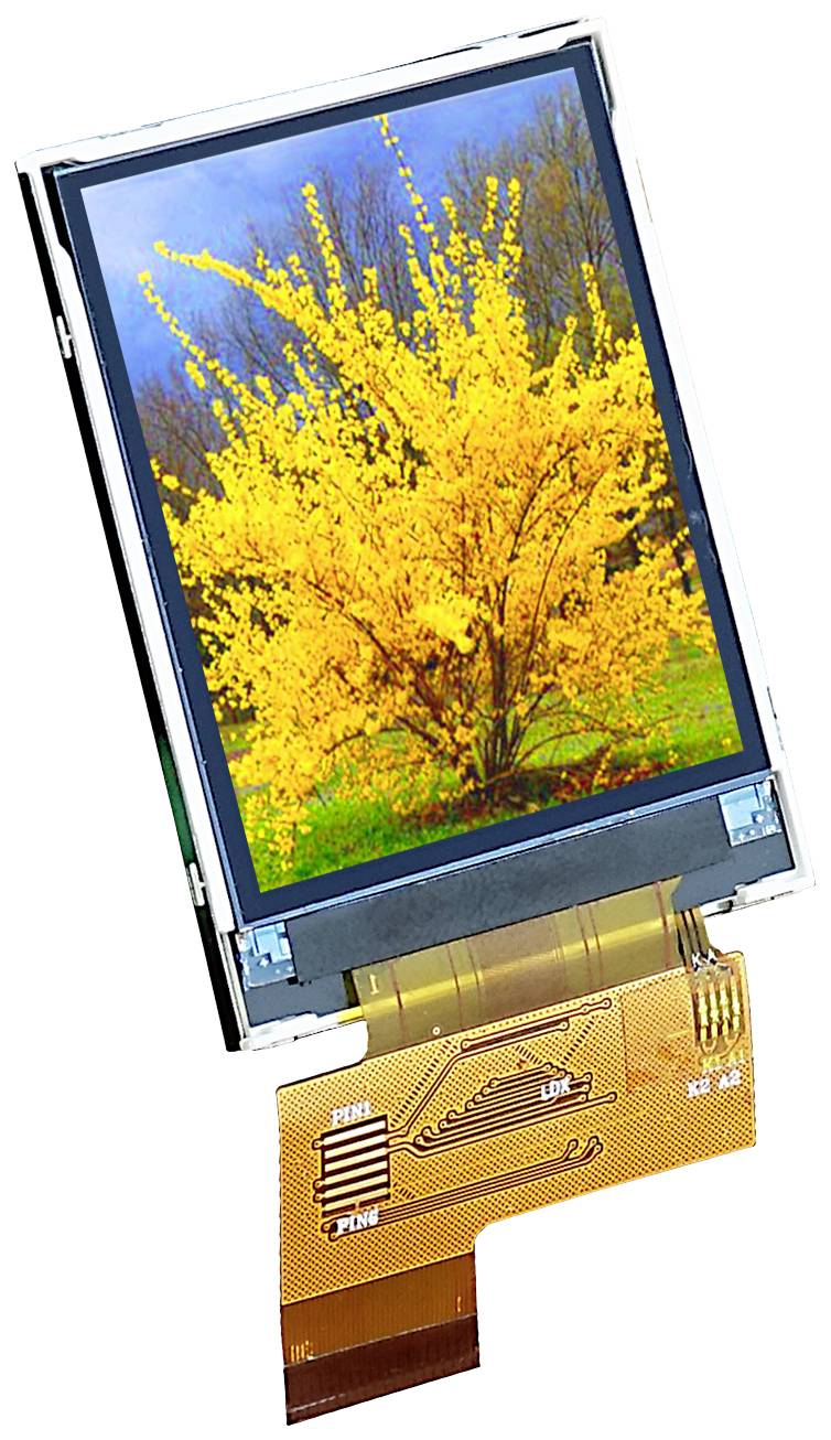 Egy LCD-képernyő egy élénksárga virágzó nebáncsvirágot mutat egy erdős háttér előtt. Áramköri lappal összekötve.