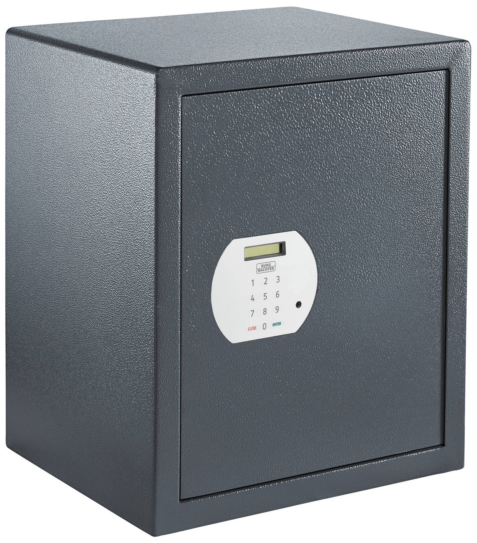 Egy szürke széf elektronikus számzárral és kis kijelzővel az elején.