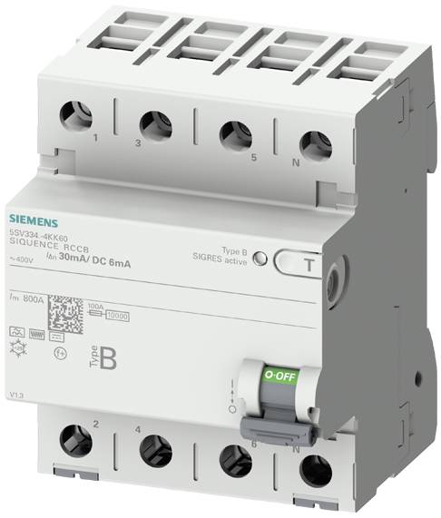 Egy Siemens B típusú FI-védőkapcsoló, amely 800A-re alkalmas, a kapcsolót 'O' (nyitott) pozícióban mutatja műszaki felirattal.