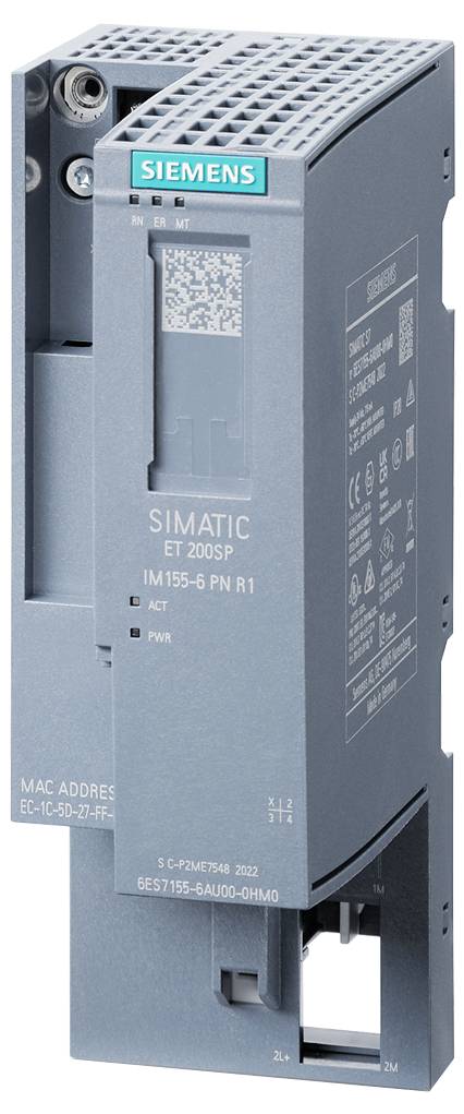 Siemens ipari eszköz, 'SIMATIC ET 200SP' felirattal. ACT és PWR LED-eket, valamint ipari alkalmazásokhoz való csatlakozókat mutat.