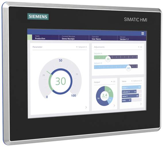 Siemens többfunkciós HMI kezelőeszköz grafikus felhasználói felülettel, folyamatirányításhoz, amely diagramokat és paramétereket jelenít meg.
