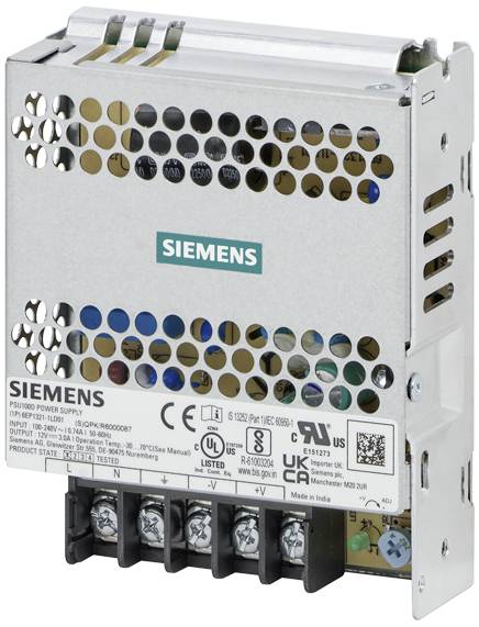 Egy téglalap alakú Siemens kapcsolóüzemű tápegység szellőzőnyílásokkal és egy címkével, amelyen műszaki specifikációk láthatók.