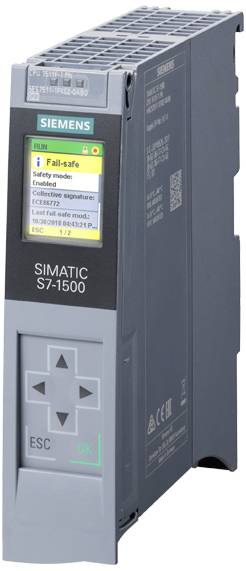 Siemens SIMATIC S7-1500 vezérlőegység, szürke házban, a kijelzőn biztonsági üzemmód információk láthatók.