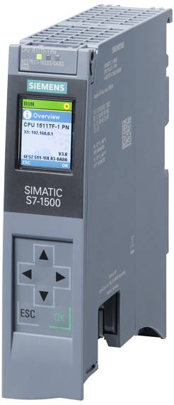Ipari vezérlőegység, Siemens SIMATIC S7-1500, kijelzővel az üzemi állapot és hálózati információk megjelenítéséhez.