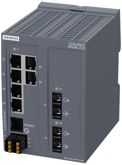 Egy szürke Siemens hálózati switch több Ethernet-csatlakozóval és konzol csatlakozással, SCALANCE XB206-2LD modell.