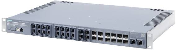 Ipari switch több Ethernet-porttal és optikai csatlakozókkal, ipari hálózati környezetekhez alkalmas.