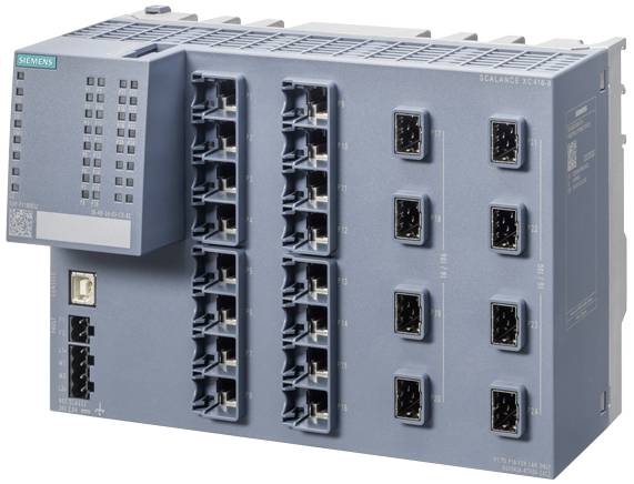 Egy ipari hálózati eszköz több Ethernet-porttal és szürke házban, amelyet hálózati csatlakozásokhoz használnak.