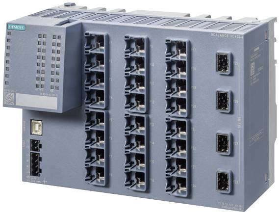 Egy Siemens SCALANCE XC424-4 hálózati switch több porttal, ipari Ethernet-hálózatokban történő felhasználásra.