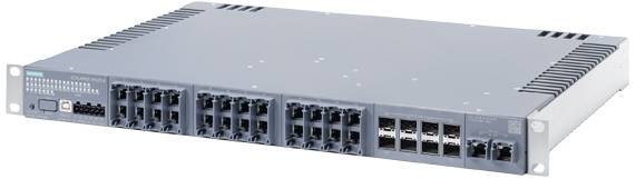 Egy szürke hálózati switch több Ethernet-porttal, ipari hálózatokban történő adatelosztásra alkalmas kivitelben.