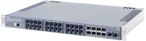 Egy szürke hálózati kapcsoló több Ethernet-porttal, 19 hüvelykes rack-kivitelben, ipari felhasználásra alkalmas.