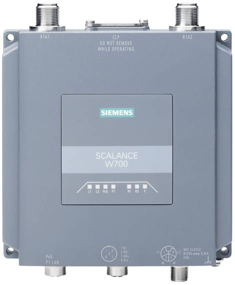 Siemens márka ipari hálózati switch, Scalance W700 modell, felső részén csatlakozó portokkal és sorozatszámmal.