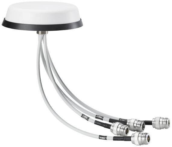 Több sávú GNSS-antenna kerek, lapos házban, négy kimenő kábellel, alkalmas GPS- és műholdas kommunikációhoz.