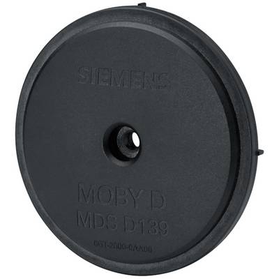 Kerek, fekete RFID-tag "SIEMENS MOBY D MDS D139" felirattal. Automatizált azonosítási rendszerekhez tervezett modell.