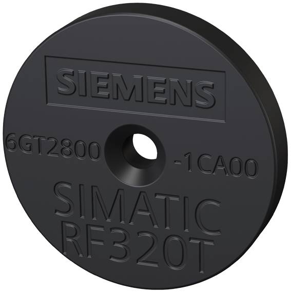 Fekete, kerek RFID-kártya "SIEMENS SIMATIC RF320T" felirattal és '6GT2800-1CA00' termékkóddal.