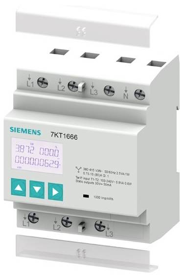 Siemens elektronikus energiamérő, 7KT1666-os modell, digitális kijelzőn mutatja a feszültséget és a fogyasztási értékeket.