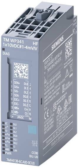 Siemens TM WP341 modul, szürke, csatlakozókkal és feliratokkal, technológiai alkalmazásokban történő mérésiadatok-gyűjtésre használva.