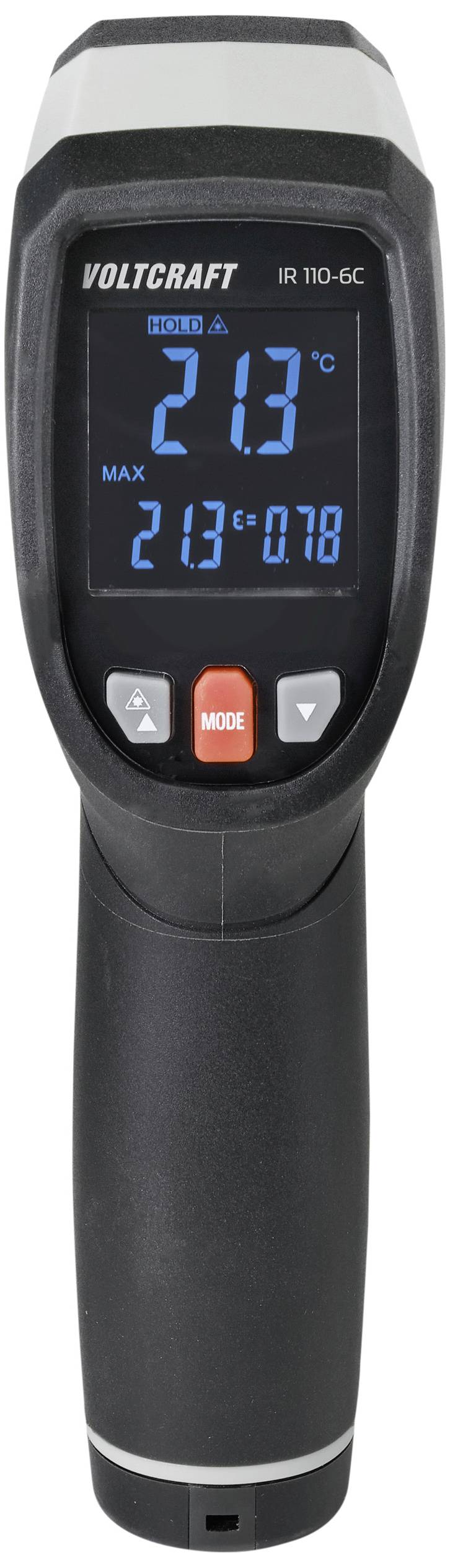 Digitális infravörös hőmérő mutatja 21,3°C-ot. Gombok: Üzemmód, nyílgombok. Márka 'Voltcraft', modell 'IR 110-6C'.