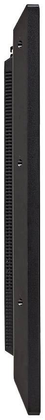 Egy vékony fekete képernyő oldalnézete, minimális kerettel és a hátoldalán szellőzőnyílásokkal.