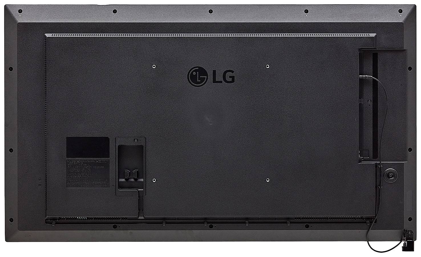 Egy nagy lapos képernyő hátsó oldala, fali tartókonzollal és látható csatlakozókkal. A kábel a képernyő alsó részéhez vezet.