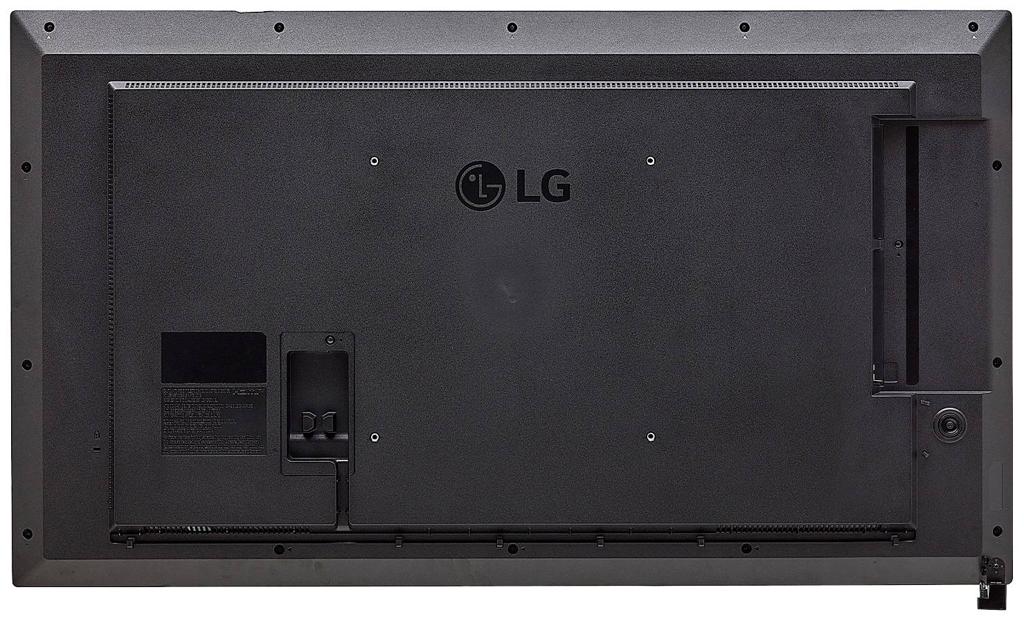 Egy LG-képernyő hátsó oldala, amely csatlakozókat és rögzítési pontokat mutat.