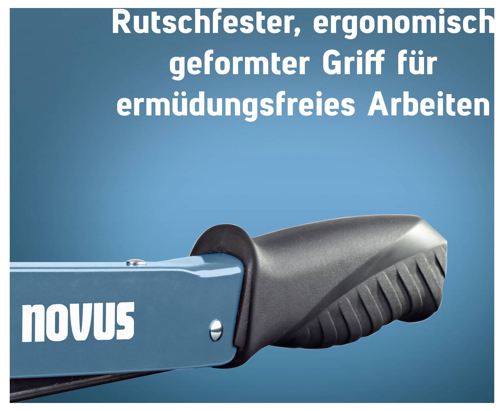 Ergonomikus, csúszásmentes fogantyú egy „movus" feliratú szerszámon, amely fáradságmentes munkavégzésre van reklámozva.