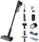 Vezeték nélküli porszívó tartozékokkal: kefefeltétek, töltőkábel, szűrő és fúvókák. Ideális a padlók és bútorok rugalmas takarításához.