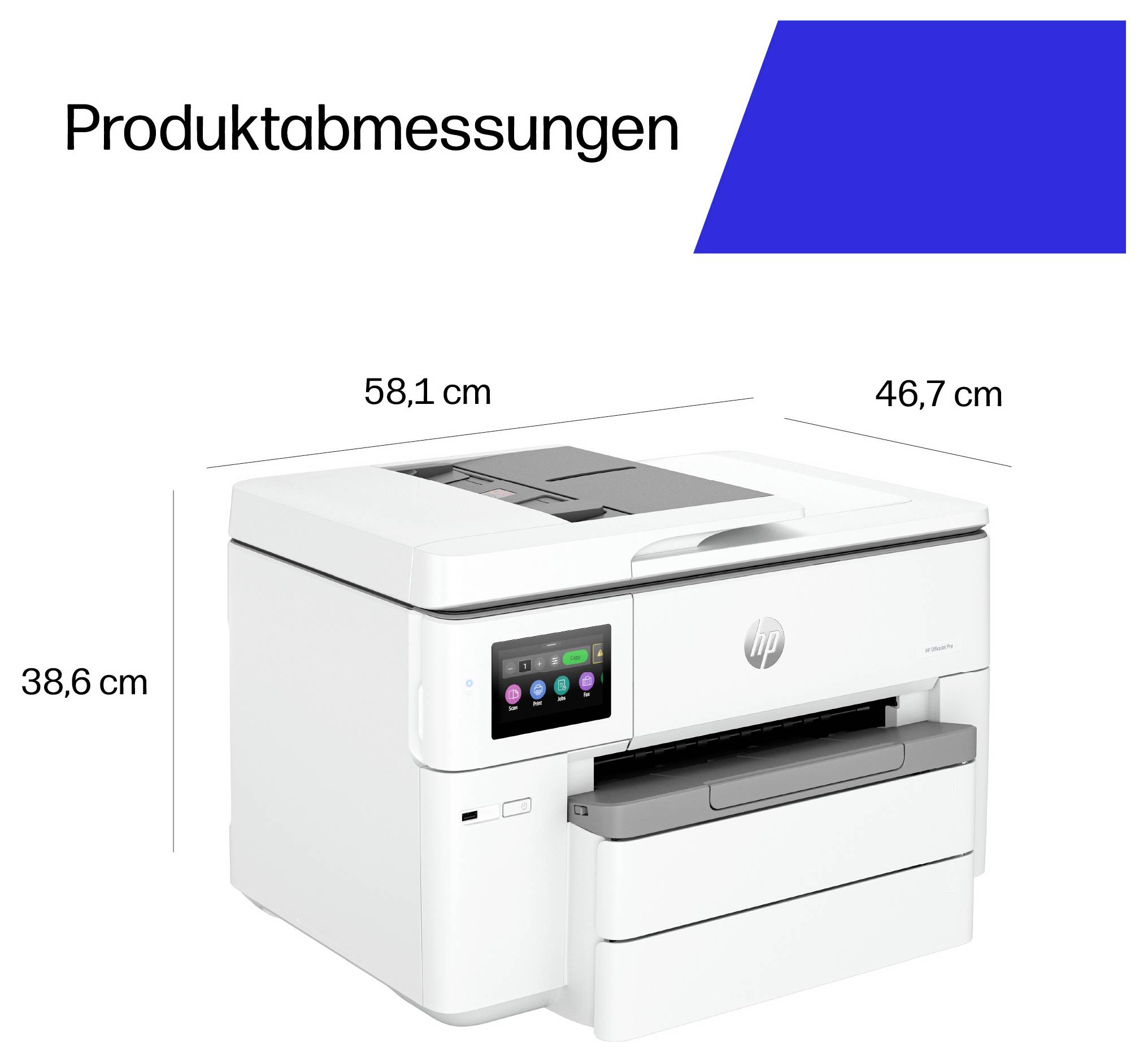 # HP multifunkciós nyomtató termékméretei<br><br>A diagram egy HP multifunkciós nyomtató dimenzióit mutatja a következő méretekkel:<br><br>- **Szélesség:** 58,1 cm<br>- **Mélység:** 46,7 cm<br>- **Magasság:** 38,6 cm