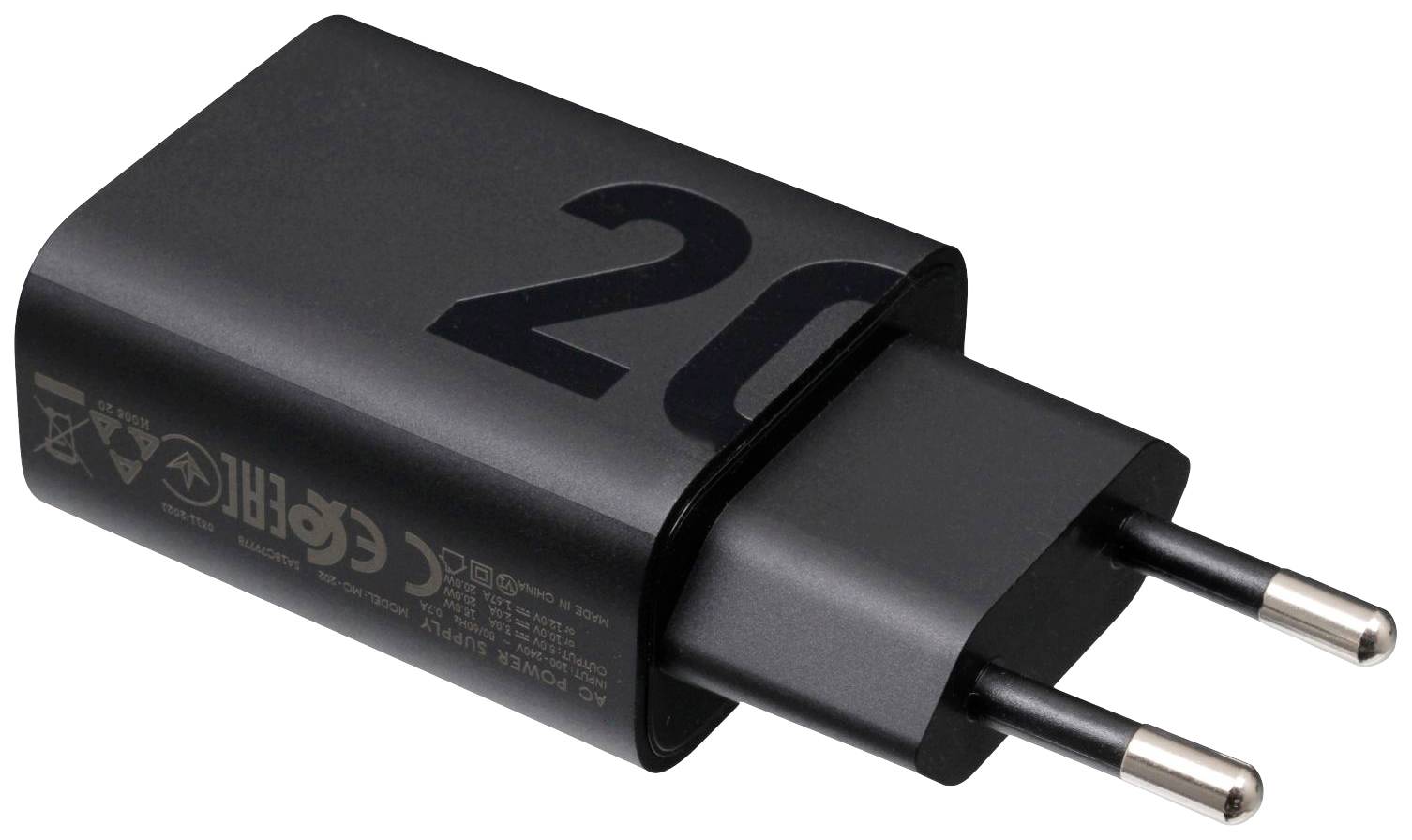 Fekete USB-töltő európai hálózati csatlakozóval, amelynek oldalán '20' felirat látható.