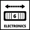 Mindkét irányba mutató nyíllal ellátott tábla, téglalap alakú keretben a 6-os szám és az "ELECTRONICS" felirat.