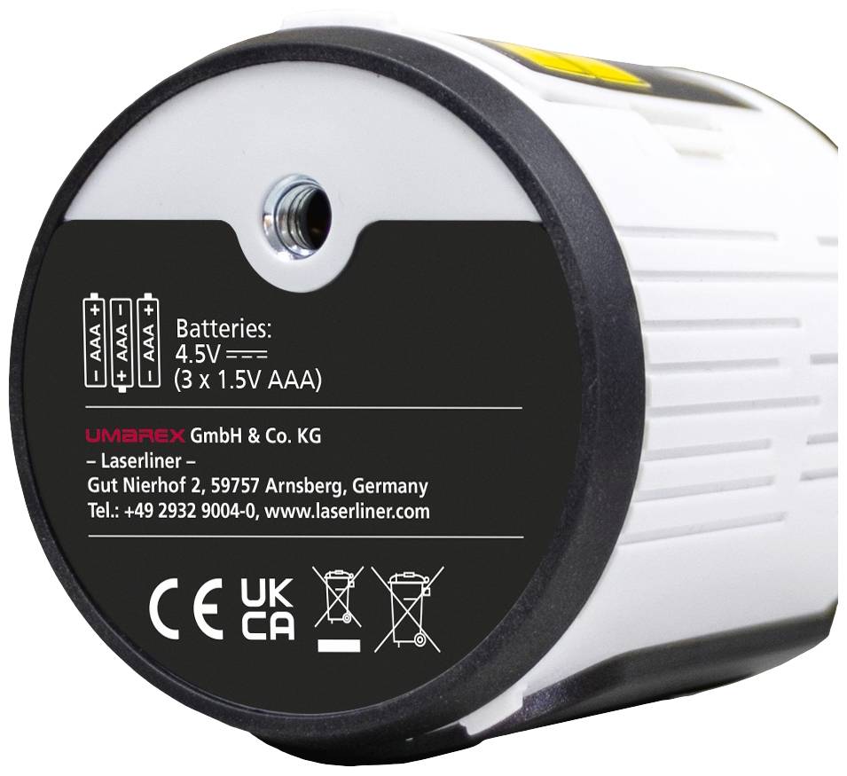 A henger hátoldalán lévő akkumulátor információk: '3 x 1.5V AAA, 4.5V'. Umarex GmbH & Co. KG elérhetőségei, Németország. CE, UKCA és hulladékkezelési szimbólumok.