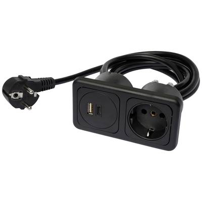 Fekete elosztó egy euró típusú csatlakozóval, két hálózati aljzattal és két USB-porttal, sokoldalú töltéshez és csatlakoztatáshoz.