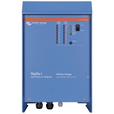 Egy kék Victron Energy akkumulátortöltő több jelzőfénnyel és csatlakozóval, 'Skylla-i' modell.