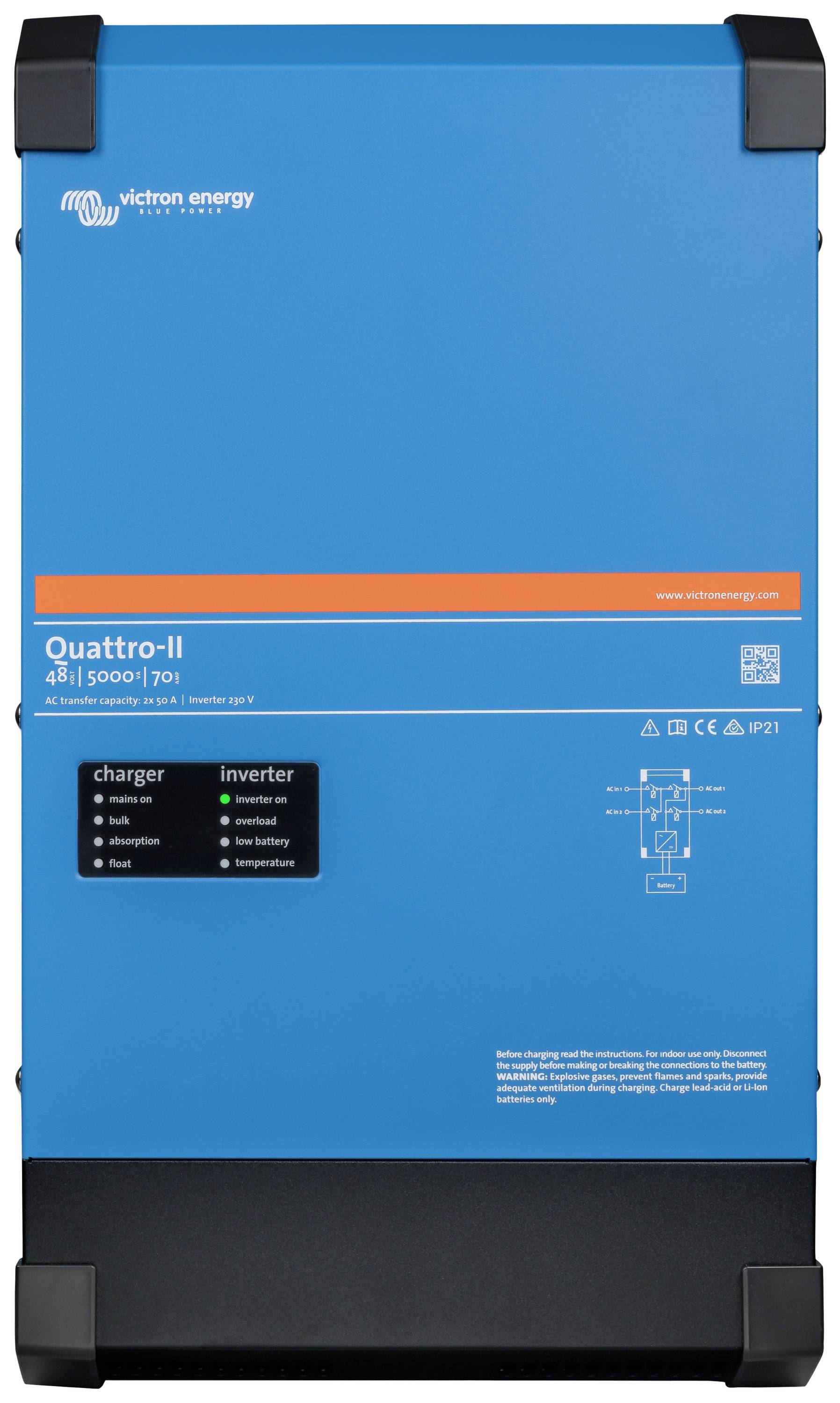 Egy kék Victron Energy inverter/töltő, 'Quattro-II' modell. Alkalmas 48V/5000VA/70A teljesítményre. Kezelőpanel állapotjelző kijelzővel.
