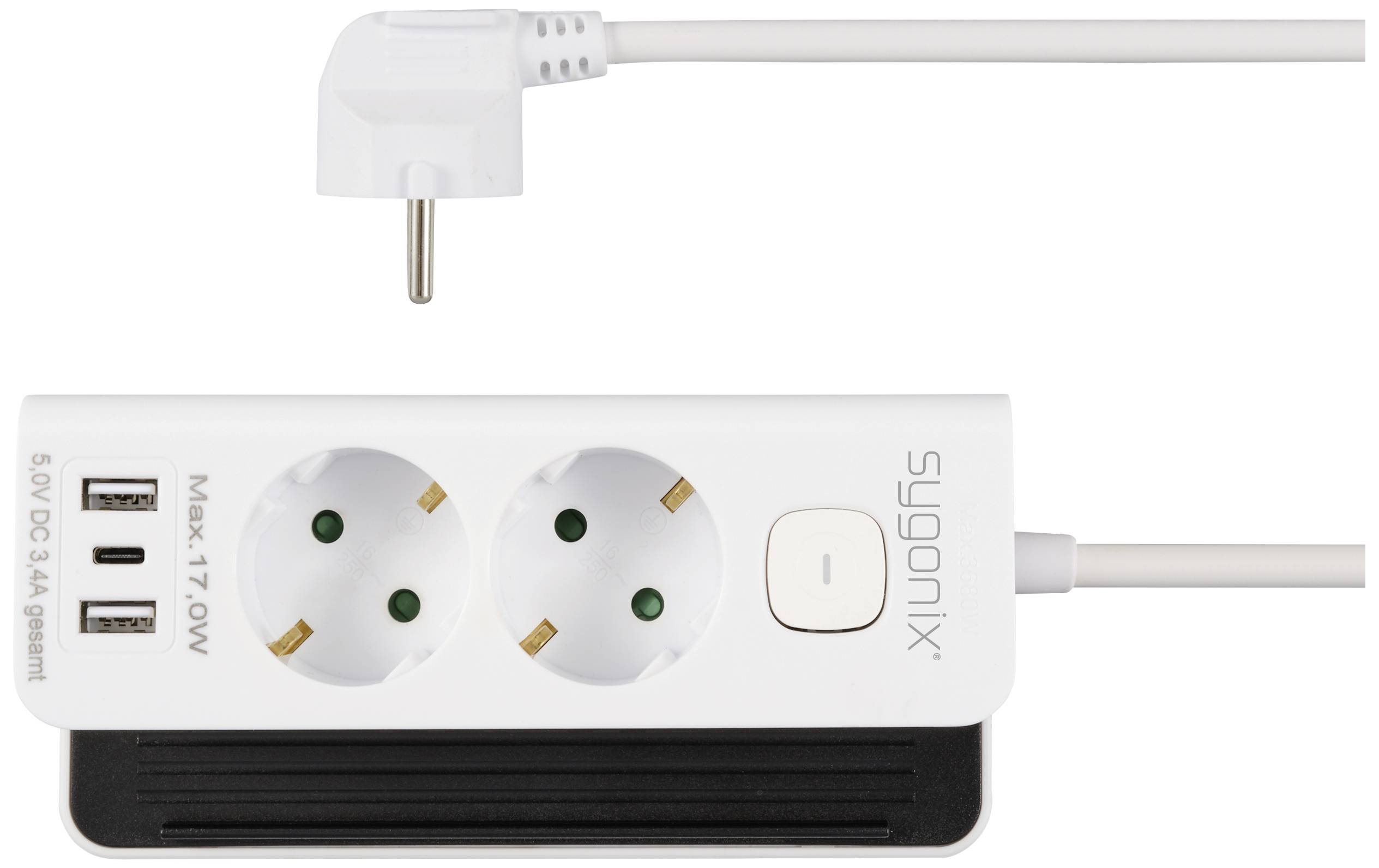 Egy fehér elosztó két aljzattal és két USB-csatlakozóval, oldalra vezetett kábellel.