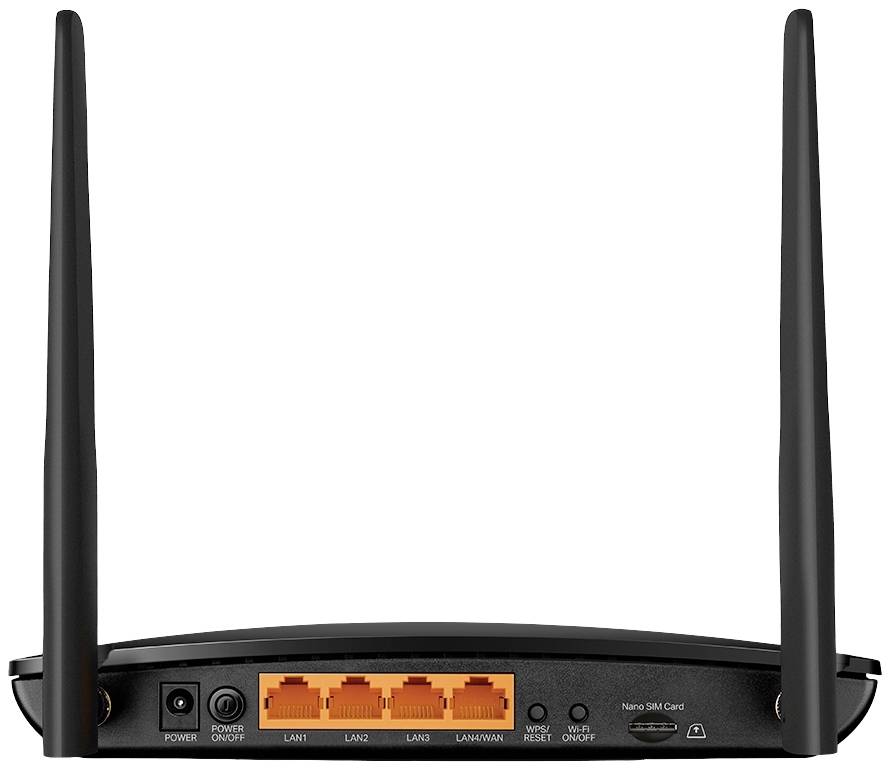 Egy fekete WLAN-router két antennával. A hátoldalán csatlakozók láthatók: tápellátás, négy LAN-port, visszaállító gomb, SIM-kártya foglalat.