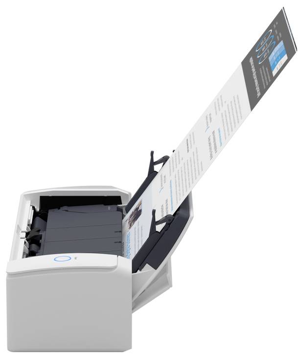 A nyomtató aktívan nyomtat egy dokumentumot, amelynek papírja félig már kint van a gépből, miközben szöveg és grafika látható rajta.