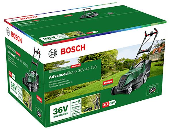 A Bosch Advanced Rotak 36V fűnyíró csomagolása, zöld fűnyíróval egy zöld gyepen bemutatva.