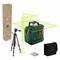 Egy Bosch lézeres szintező állvánnyal és tartozékokkal. A készülék zöld vonalakat vetít a térben. Elemek és táska mellékelve.